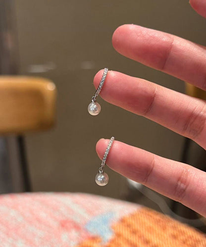 Simple Silk Strergild Silver Zircon Pearl Hoop Earrings