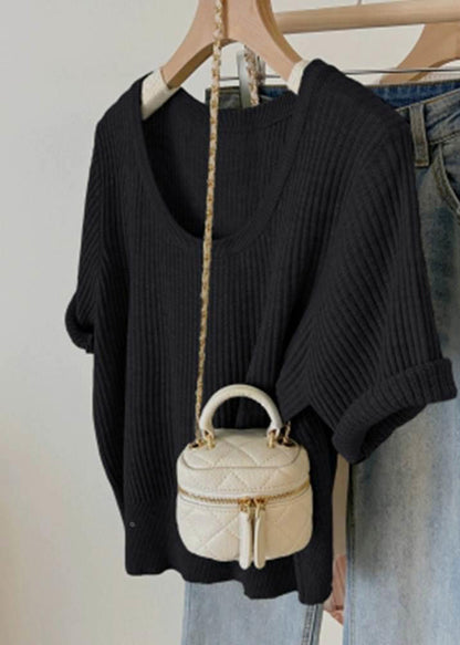 Simple Style Green U Neck Knit Top Short Sleeve