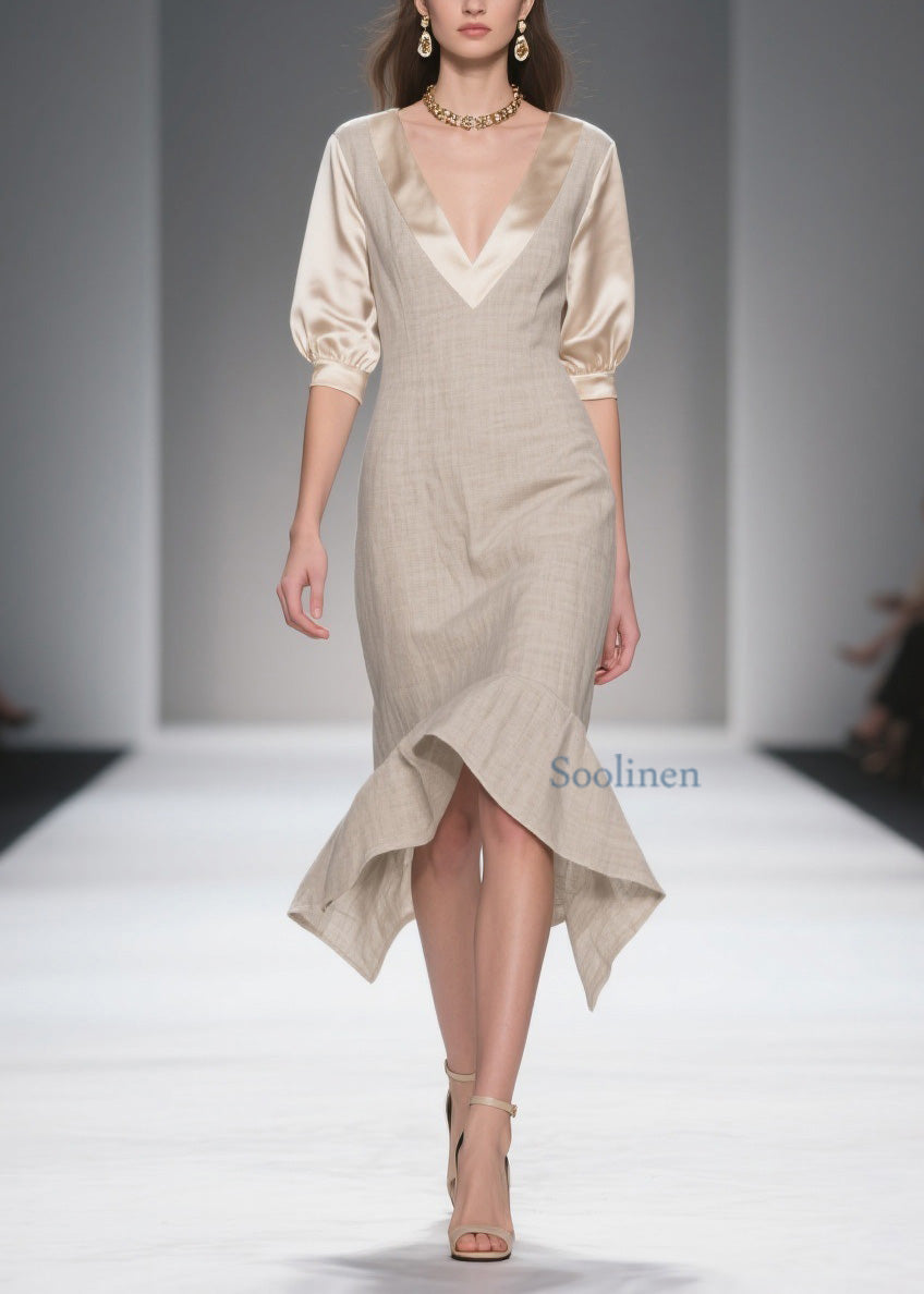 Simple Style V Neck Patchwork Linen Silk Dress Summer