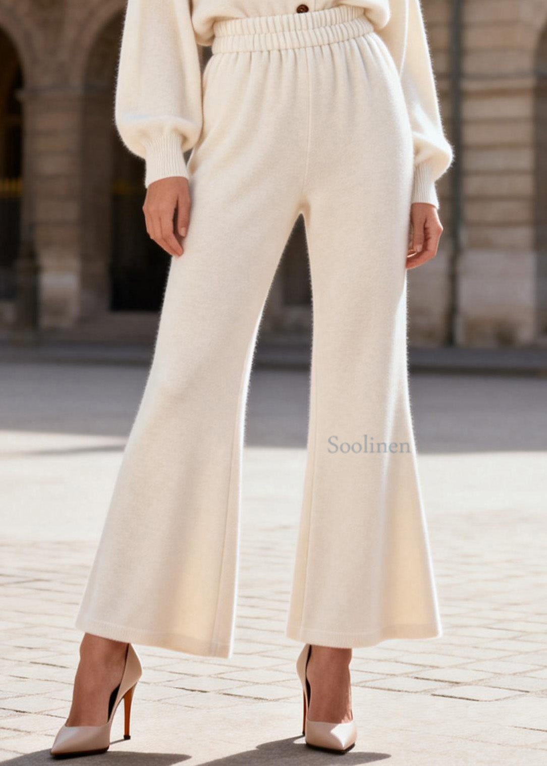Simple V Neck Top And Pants Knit Women Sets 2 Pieces Spring