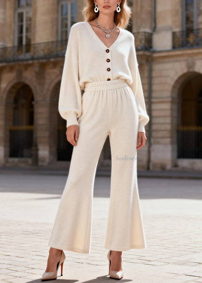 Simple V Neck Top And Pants Knit Women Sets 2 Pieces Spring