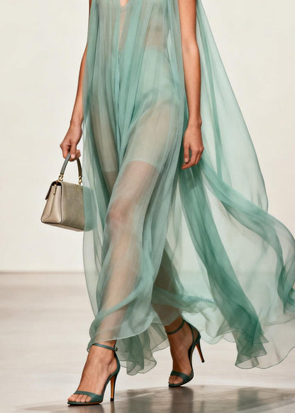 Simple V Neck Wrinkled Chiffon Long Dress Sleeveless