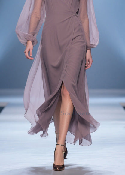 Simple V Neck Wrinkled Side Open Chiffon Long Dresses Spring