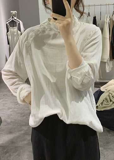 Simple White Stand Collar Cotton Shirt Spring