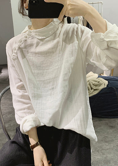 Simple White Stand Collar Cotton Shirt Spring