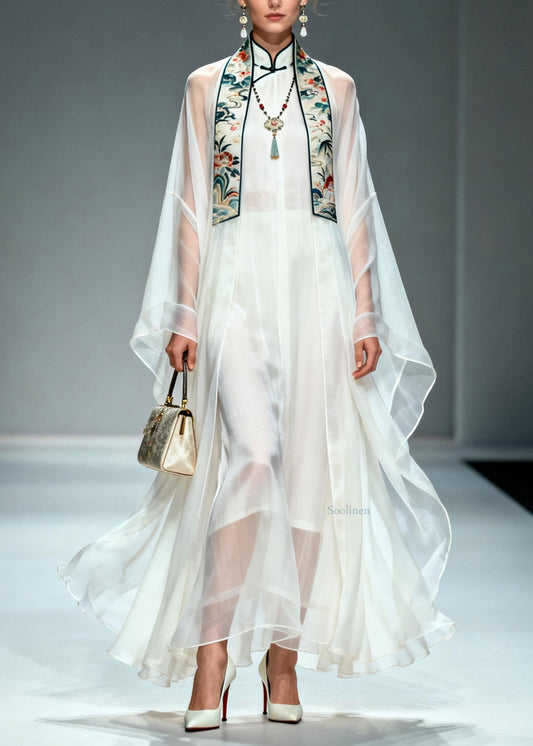 Simple White Stand Collar Patchwork Chiffon Two Piece Set Summer