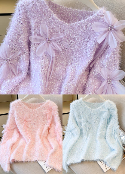 Sky Blue Floral Decorated Sweaters Oversized Nail Bead Winter