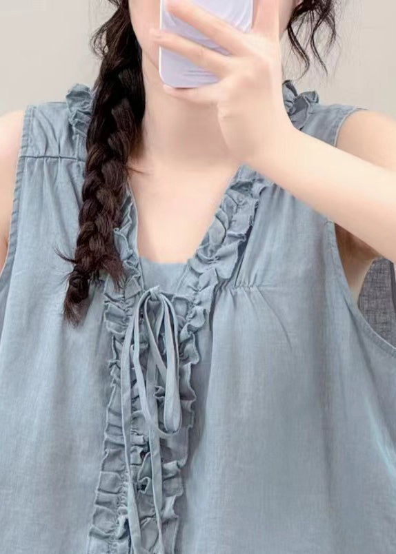 Sky Blue Linen Shirts Ruffled Lace Up Sleeveless