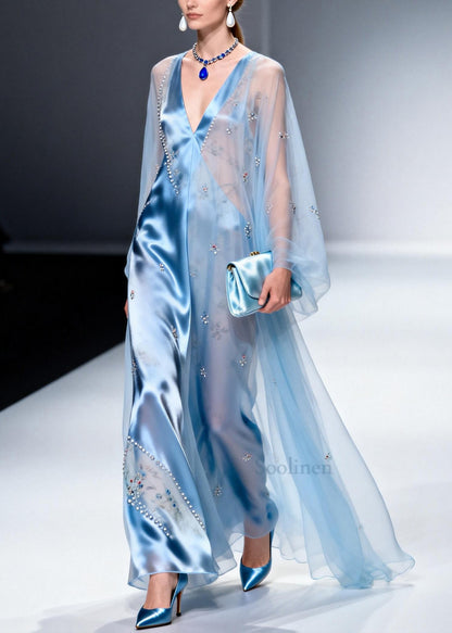Sky Blue Patchwork Chiffon Party Dress Handmade Zircon Summer
