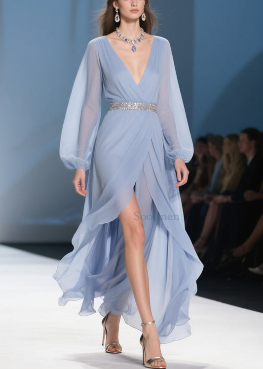 Sky Blue Wrinkled Low High Design Long Dresses V Neck