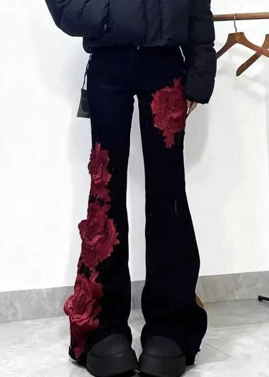 Slim Fit Black High Waist Roses Patchwork Denim Flare Bottoms Spring