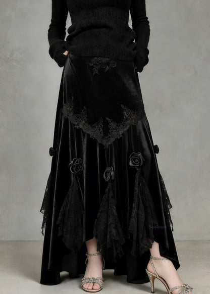 Slim Fit Black Lace Floral Silk Velvet Fish Tail Skirt Spring