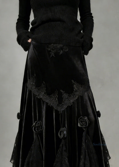 Slim Fit Black Lace Floral Silk Velvet Fish Tail Skirt Spring