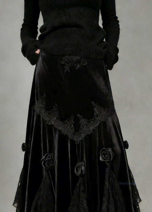 Slim Fit Black Lace Floral Silk Velvet Fish Tail Skirt Spring