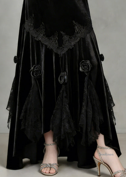 Slim Fit Black Lace Floral Silk Velvet Fish Tail Skirt Spring
