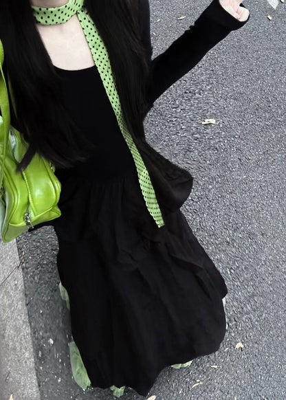 Slim Fit Black O Neck High Waist Solid Cotton Long Dress Spring