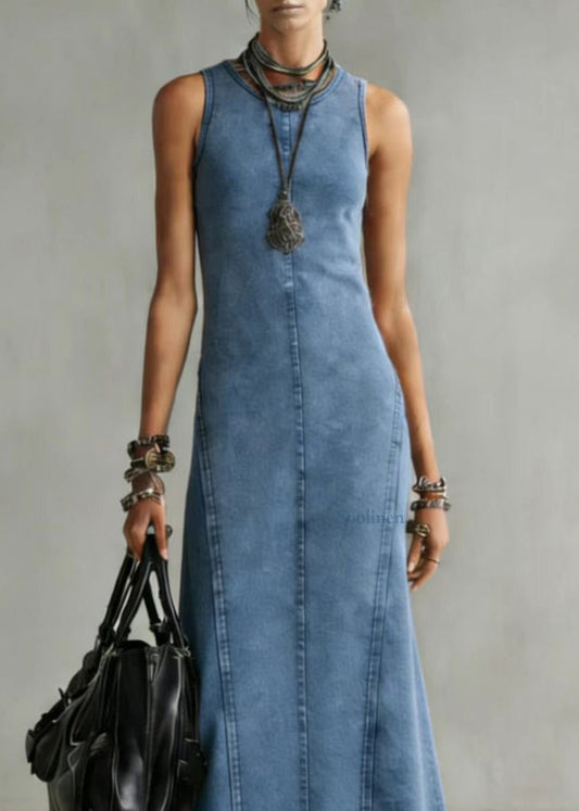 Slim Fit Blue O Neck Denim Long Dress Sleeveless