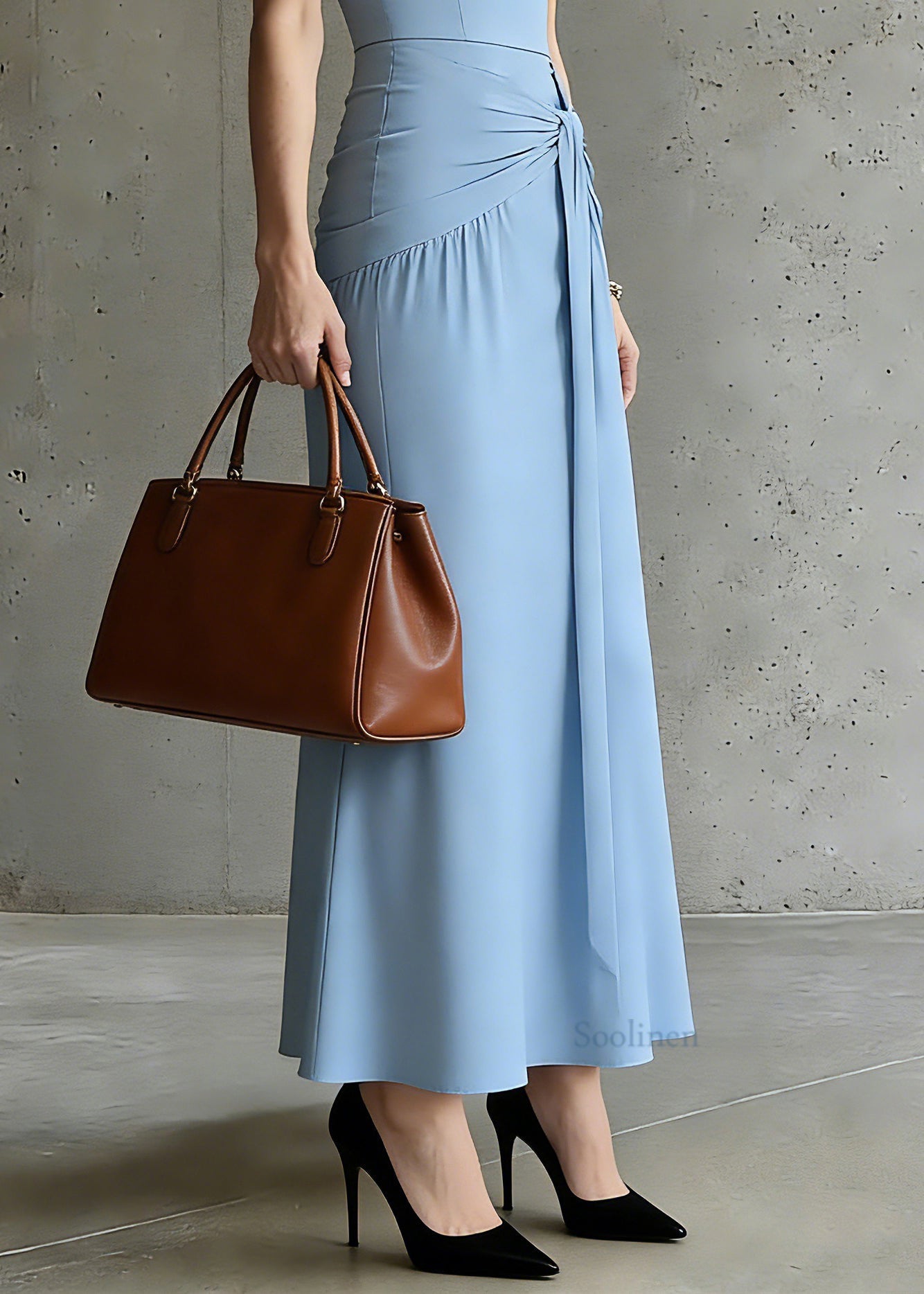 Slim Fit Blue U Neck Patchwork Tie Waist Solid Long Spaghetti Strap Dress Summer