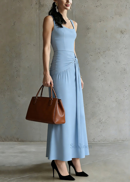 Slim Fit Blue U Neck Patchwork Tie Waist Solid Long Spaghetti Strap Dress Summer