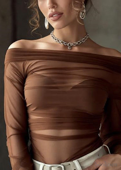 Slim Fit Coffee Slash Neck Thin Perspective Tulle T Shirt Spring