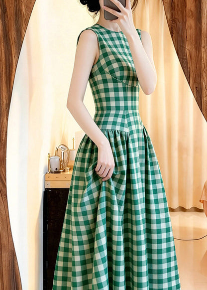 Slim Fit Green O-Neck Plaid Tunic Long Dresses Summer