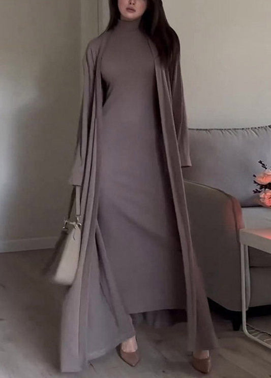 Slim Fit Grey Turtleneck Solid Cardigans And Long Dress Two Piece Set Fall