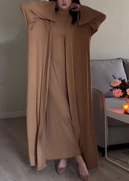 Slim Fit Grey Turtleneck Solid Cardigans And Long Dress Two Piece Set Fall