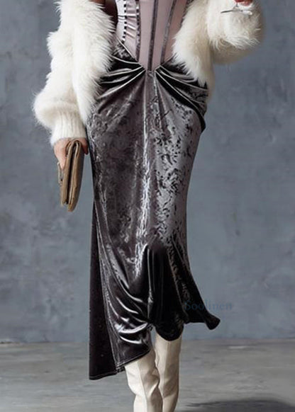 Slim Fit Grey Wrinkled Tulle Patchwork Spaghetti Strap Dress Sleeveless