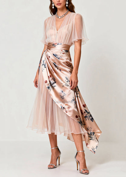 Slim Fit Light Pink V Neck Print Tulle Patchwork Dresses Summer