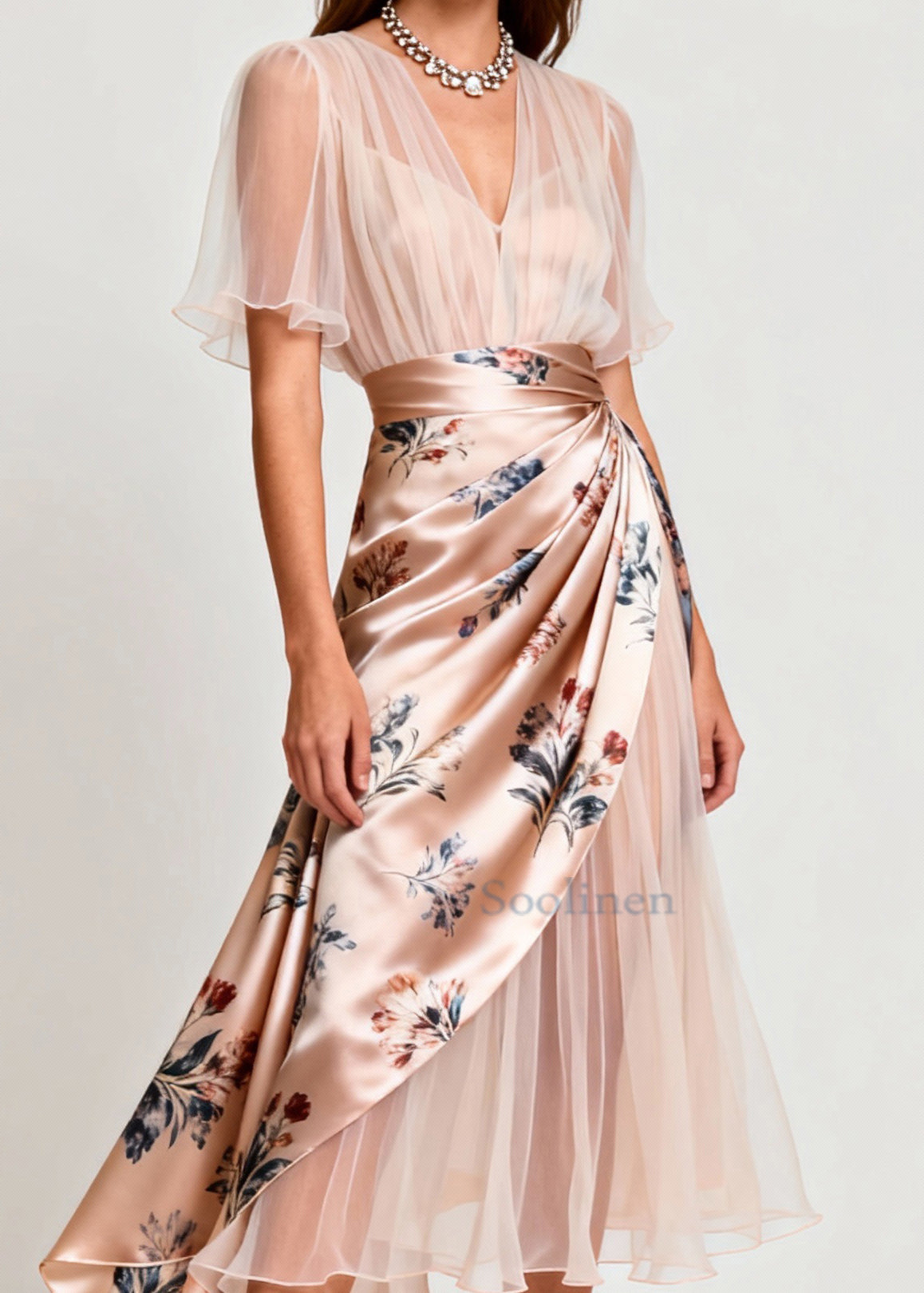 Slim Fit Light Pink V Neck Print Tulle Patchwork Dresses Summer