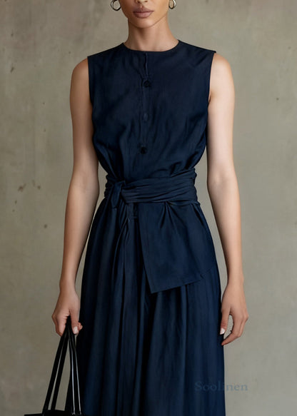 Slim Fit Navy Tie Waist Tops And Skirts Denim Two Piece Set Sleeveless