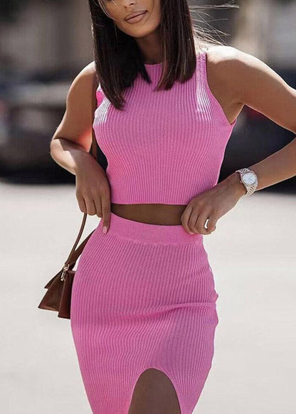 Slim Fit Pink O-Neck Vest And Maxi Skirts Two Piece Set Sleeveless