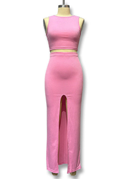 Slim Fit Pink O-Neck Vest And Maxi Skirts Two Piece Set Sleeveless