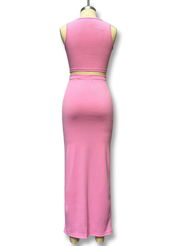 Slim Fit Pink O-Neck Vest And Maxi Skirts Two Piece Set Sleeveless