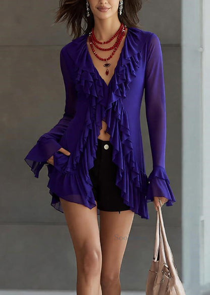 Slim Fit Purple V Neck Ruffled Solid Tulle Top Flare Sleeve