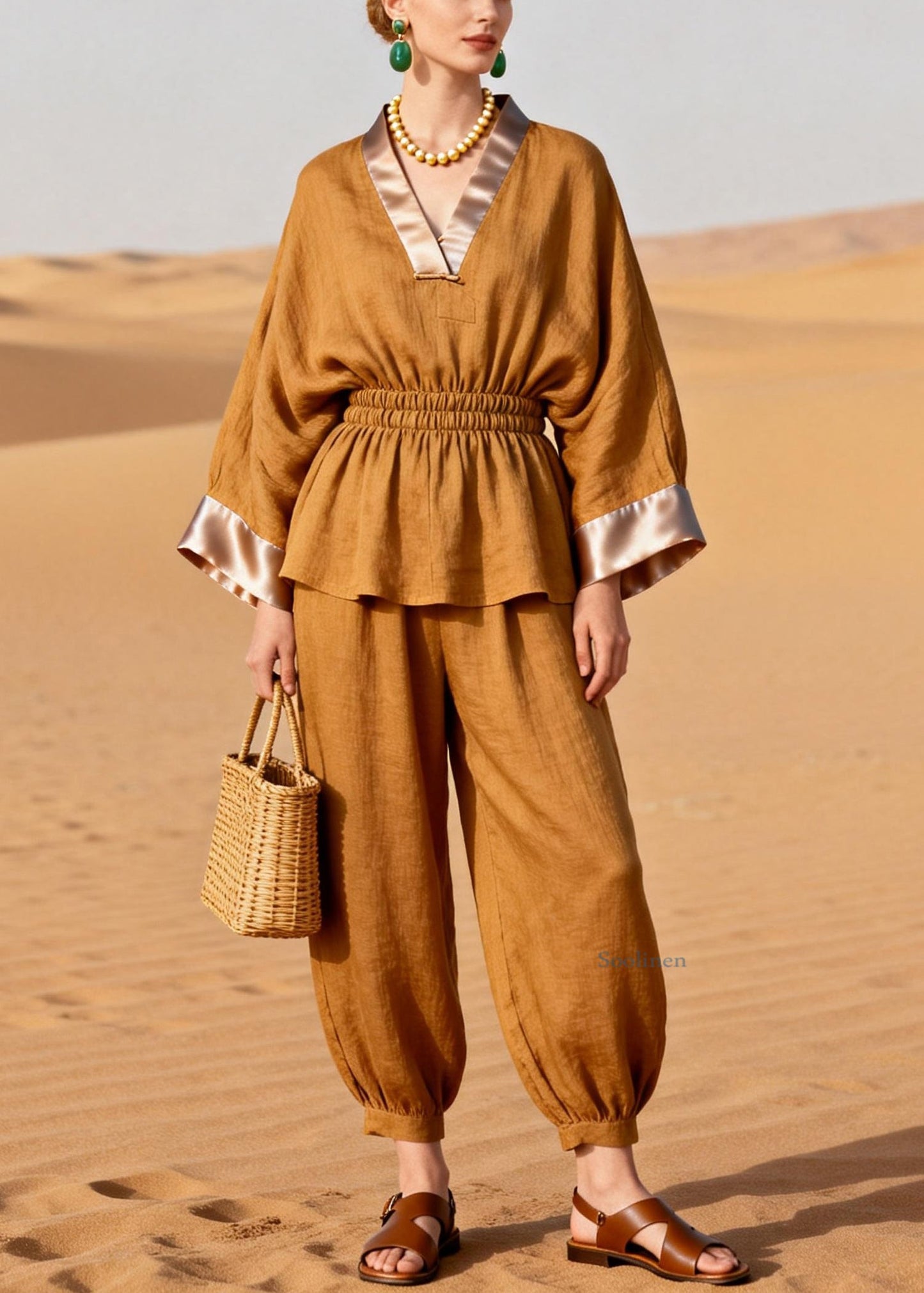 Slim Fit V Neck Elastic Waist Silk Patchwork Two Pieces Set Spring