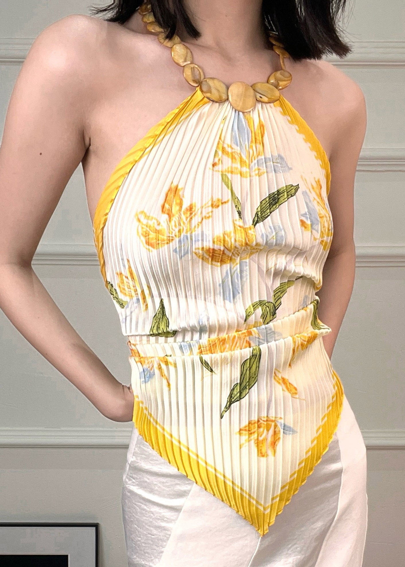 Slim Fit Yellow Print Wrinkled Backless Scarves Tops Sleeveless