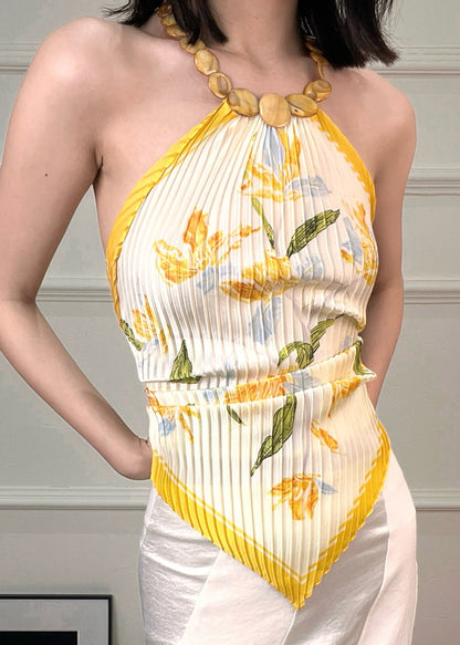 Slim Fit Yellow Print Wrinkled Backless Scarves Tops Sleeveless