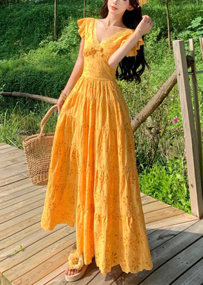 Slim Fit Yellow V Neck Flattering Maxi Dress Summer