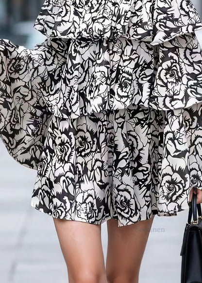 Spring New Chiffon Printed One Word Neck Bat Sleeve Ruffle Edge Top