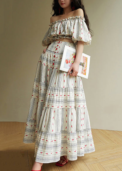 Striped Ruffled Print Tops And Skirts Cotton Two Pieces Set Summer