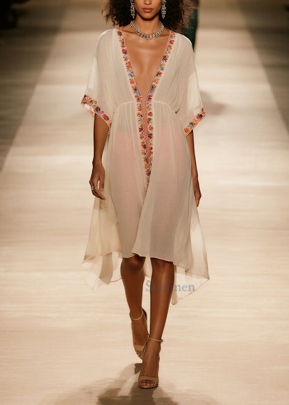 Style Apricot V Neck Floral Cotton Vacation Dresses Summer