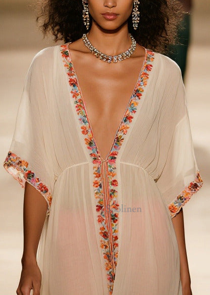 Style Apricot V Neck Floral Cotton Vacation Dresses Summer