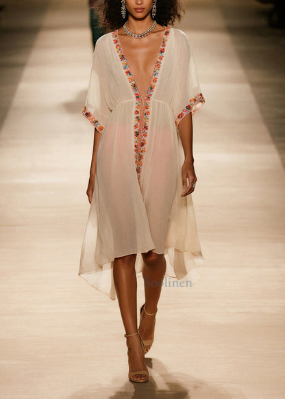 Style Apricot V Neck Floral Cotton Vacation Dresses Summer