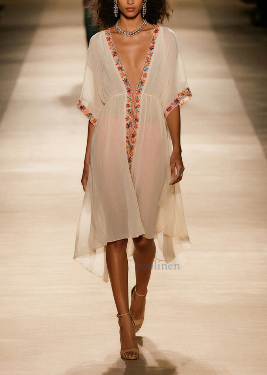 Style Apricot V Neck Floral Cotton Vacation Dresses Summer