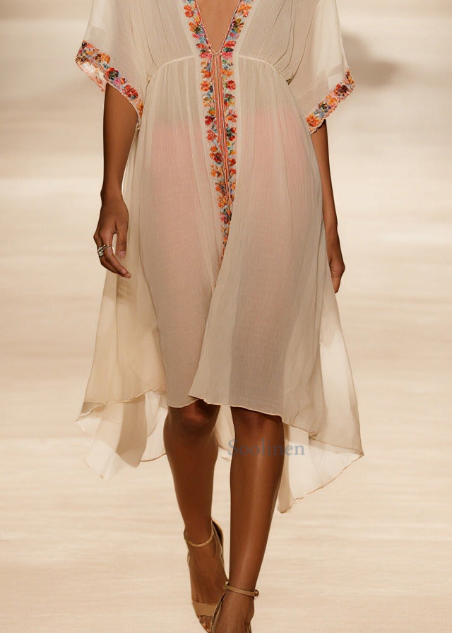 Style Apricot V Neck Floral Cotton Vacation Dresses Summer