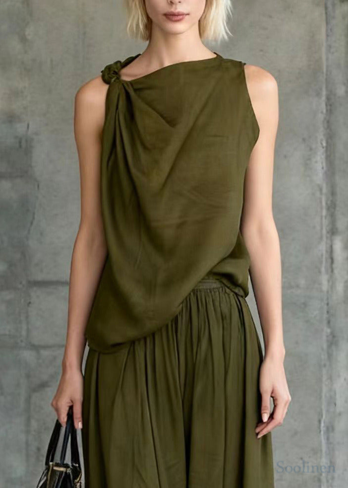 Style Army Green One Shoulder Knotted Cotton Two Piece Set Sleeveless