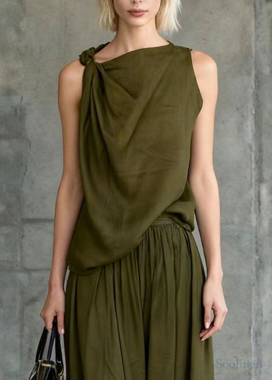 Style Army Green One Shoulder Knotted Cotton Two Piece Set Sleeveless
