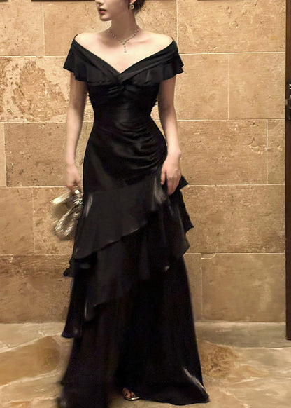 Style Black Slash Neck Ruffled Maxi Fish-Tail Dresses Summer