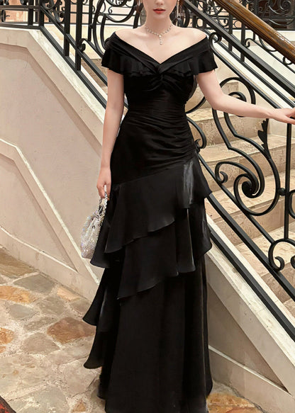 Style Black Slash Neck Ruffled Maxi Fish-Tail Dresses Summer
